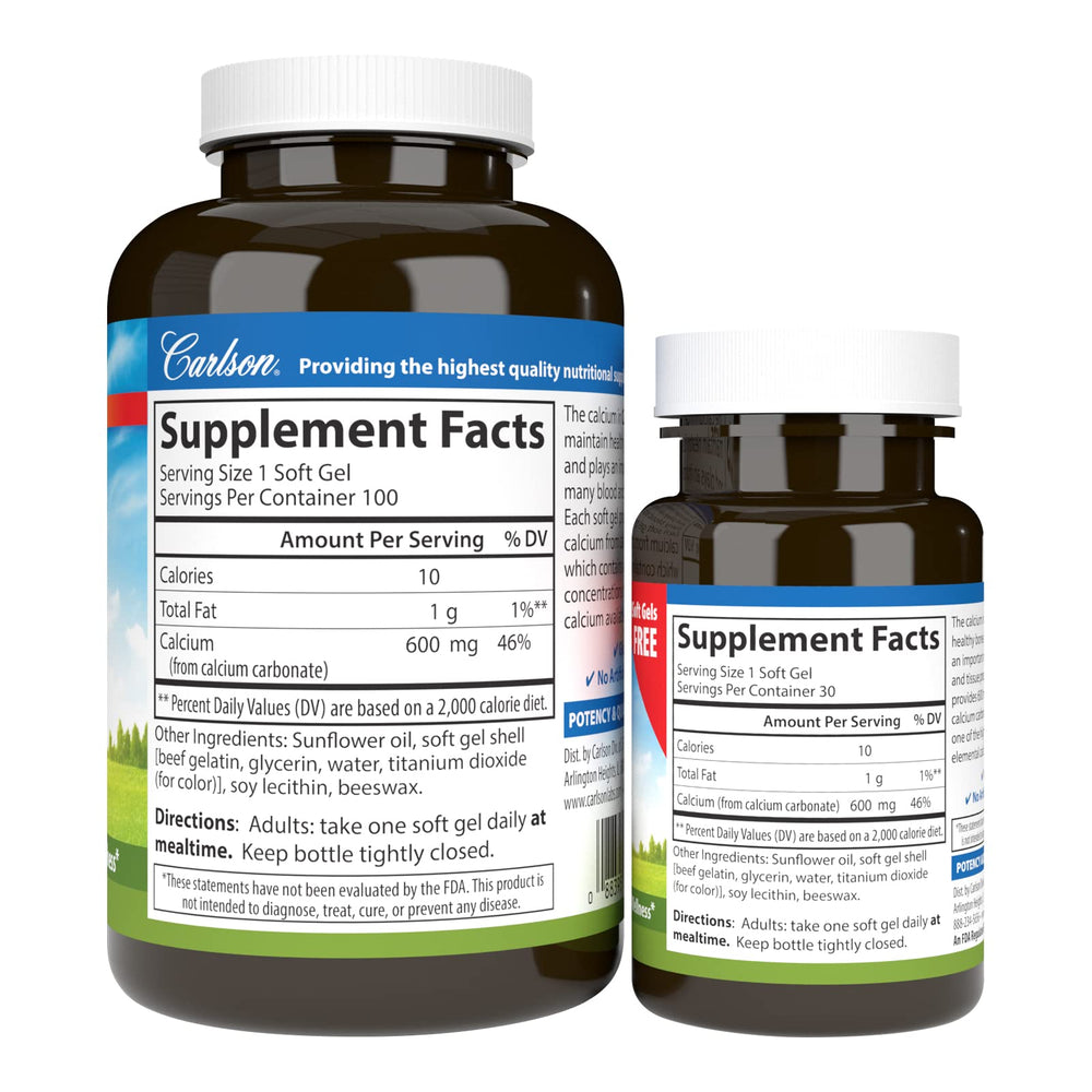 Carlson Cal-600 label shows no vitamin D3 and no phosphorus for a clean formulation.