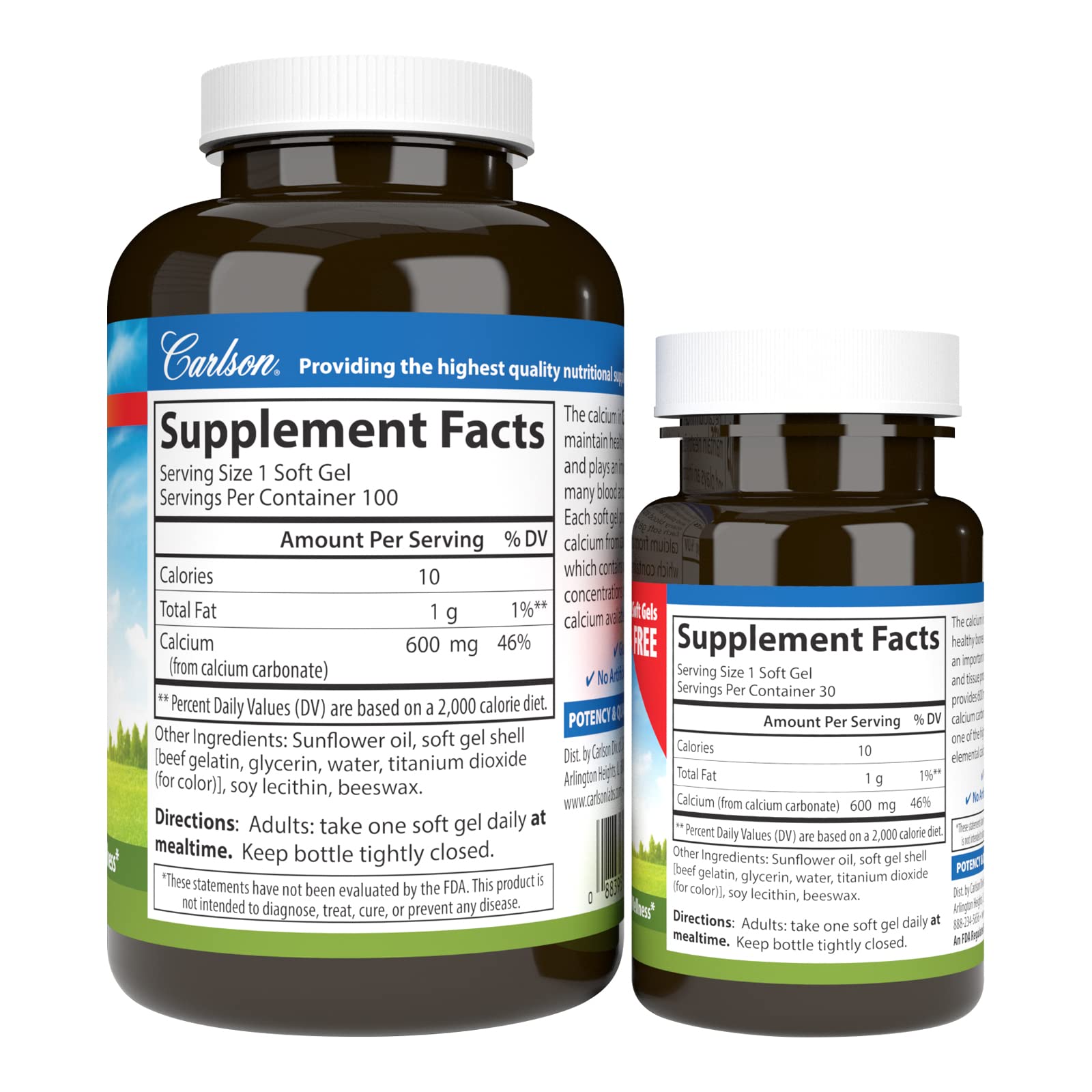 Carlson Cal-600 label shows no vitamin D3 and no phosphorus for a clean formulation.