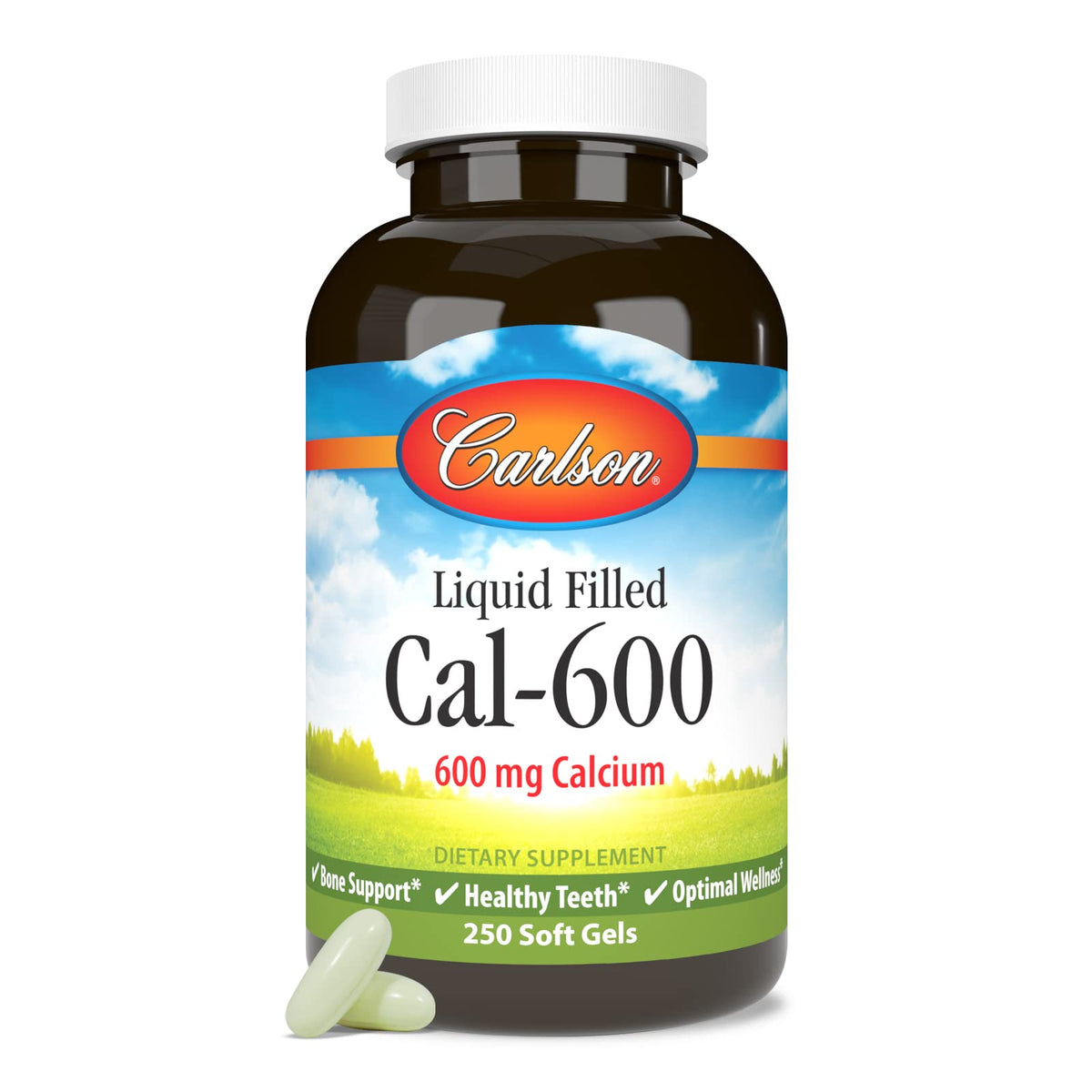 Carlson Cal-600 softgel bottle front showing calcium support for bones and teeth