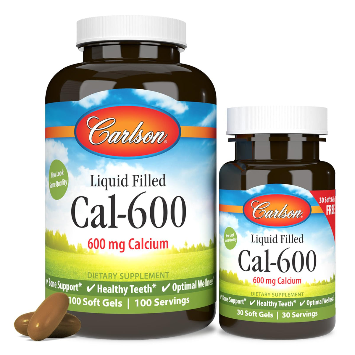 Carlson Cal-600 softgel bottle highlights 600 mg calcium for bone and teeth support.