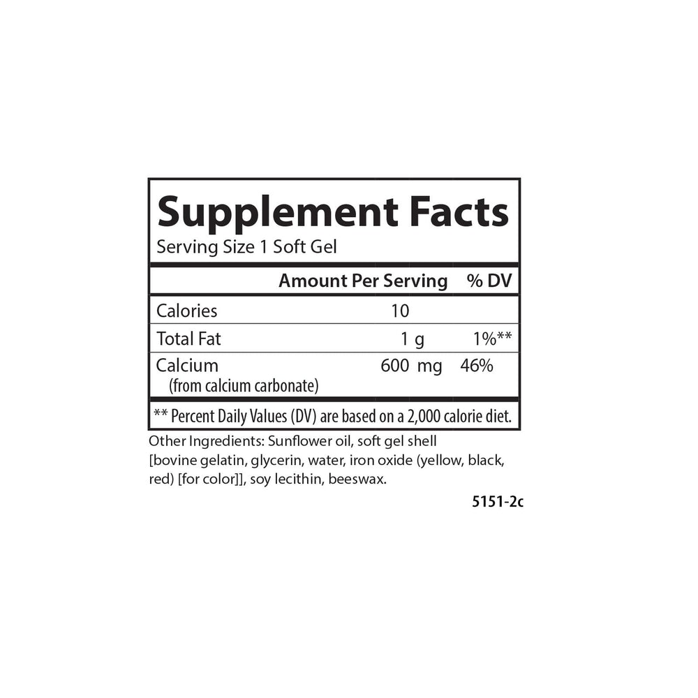 Carlson Cal-600 softgels in hand suggests portable calcium for on-the-go wellness.