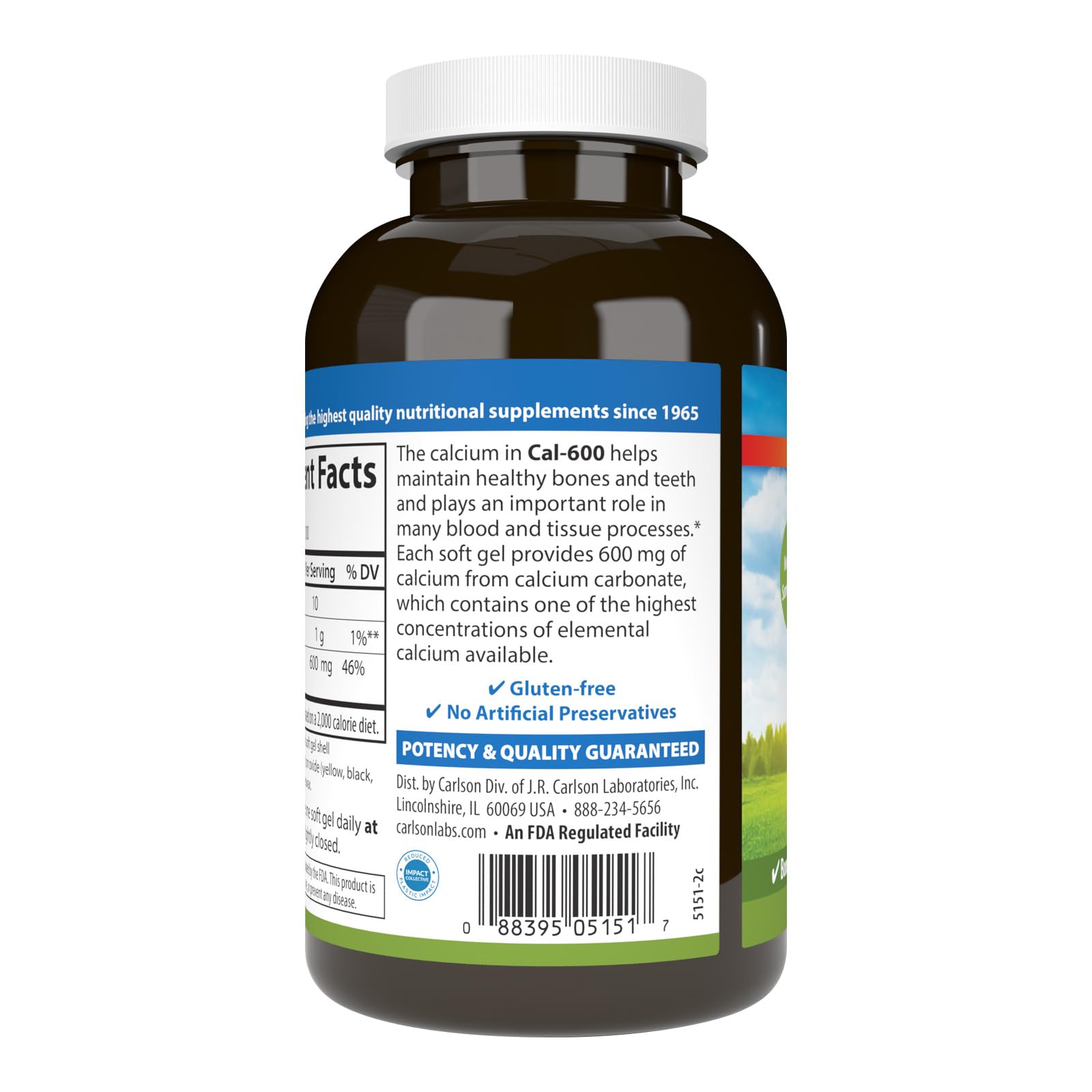Carlson Cal-600 softgels bottle label emphasizes 600 mg calcium per softgel for wellness.