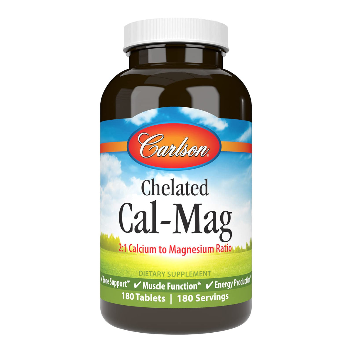 Carlson Chelated Cal-Mag 2:1 bottle highlighting calcium and magnesium for bone support