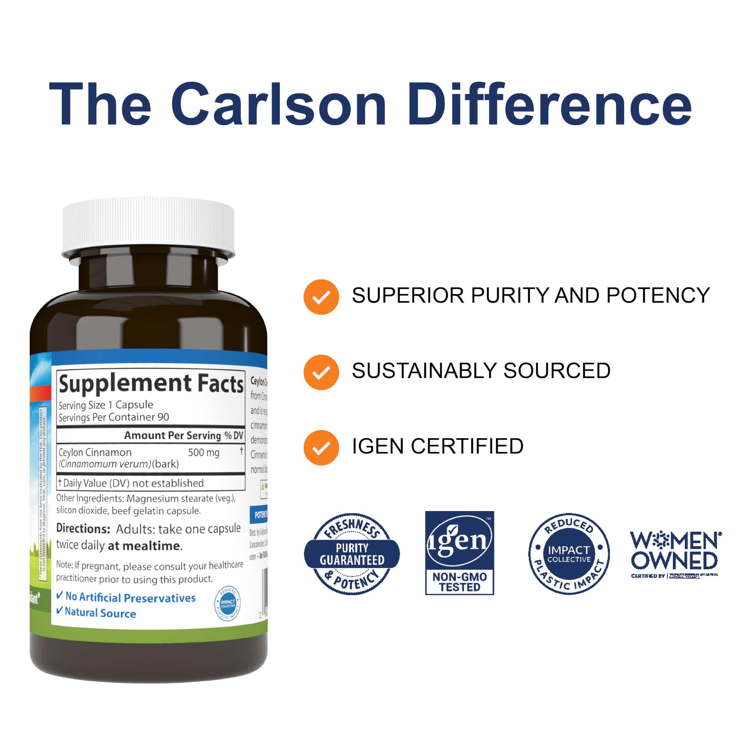 Close-up of Carlson Ceylon Cinnamon 500 mg capsule