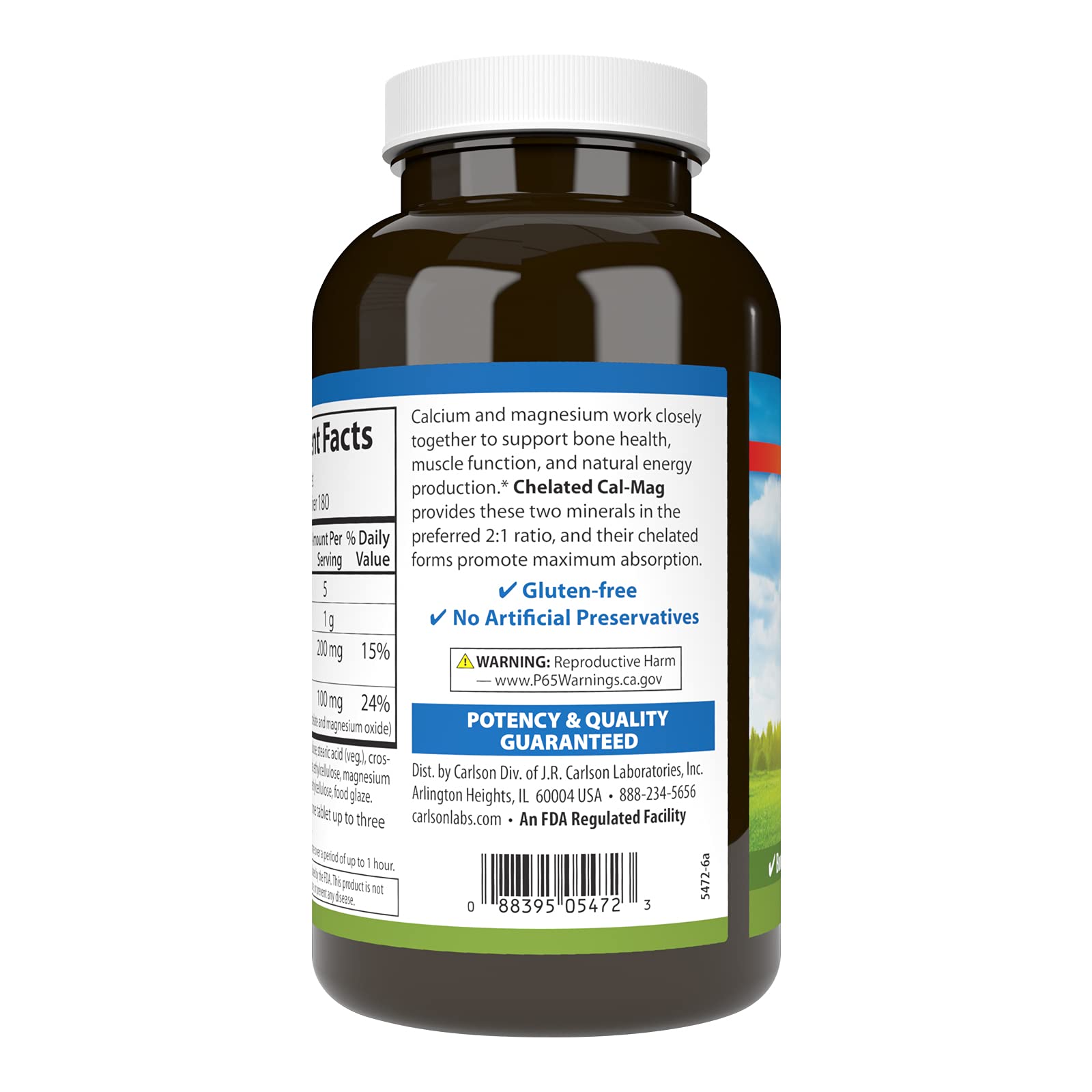 Carlson Chelated Cal-Mag tablets closeup emphasizes easy-to-swallow daily capsules.
