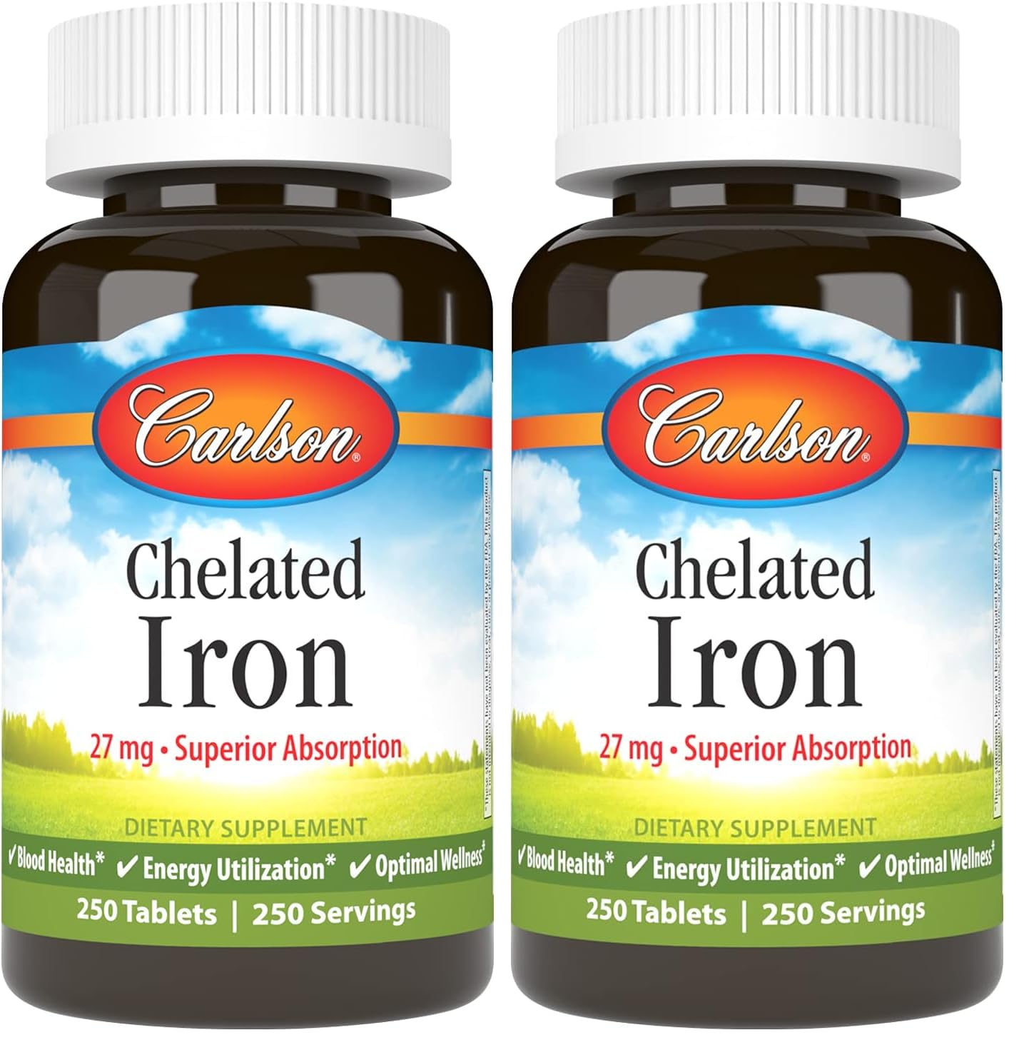 Carlson Labs Chelated Iron 27mg bottle front view for steady daily energy support.