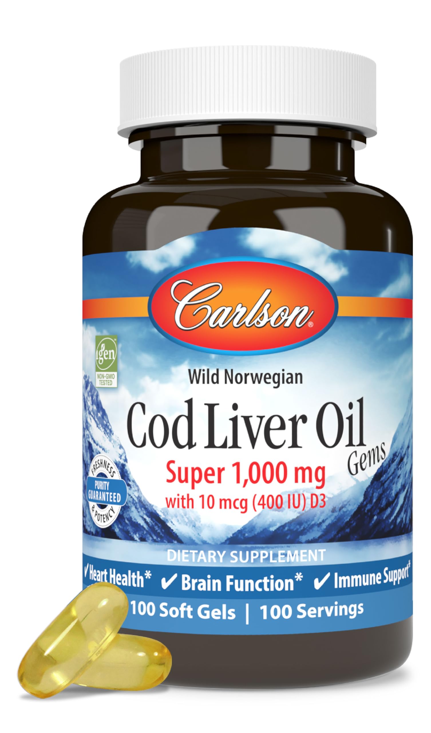 Bottle of Carlson Cod Liver Oil 1000 mg with softgels - Wild Norwegian Arctic cod