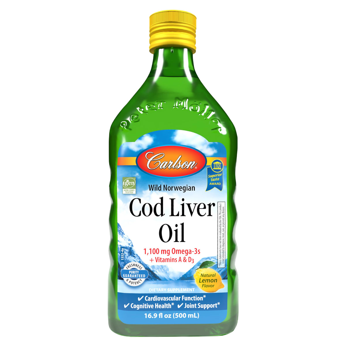 Carlson Cod Liver Oil Lemon flavor 1100 mg omega-3s bottle 500 mL front view