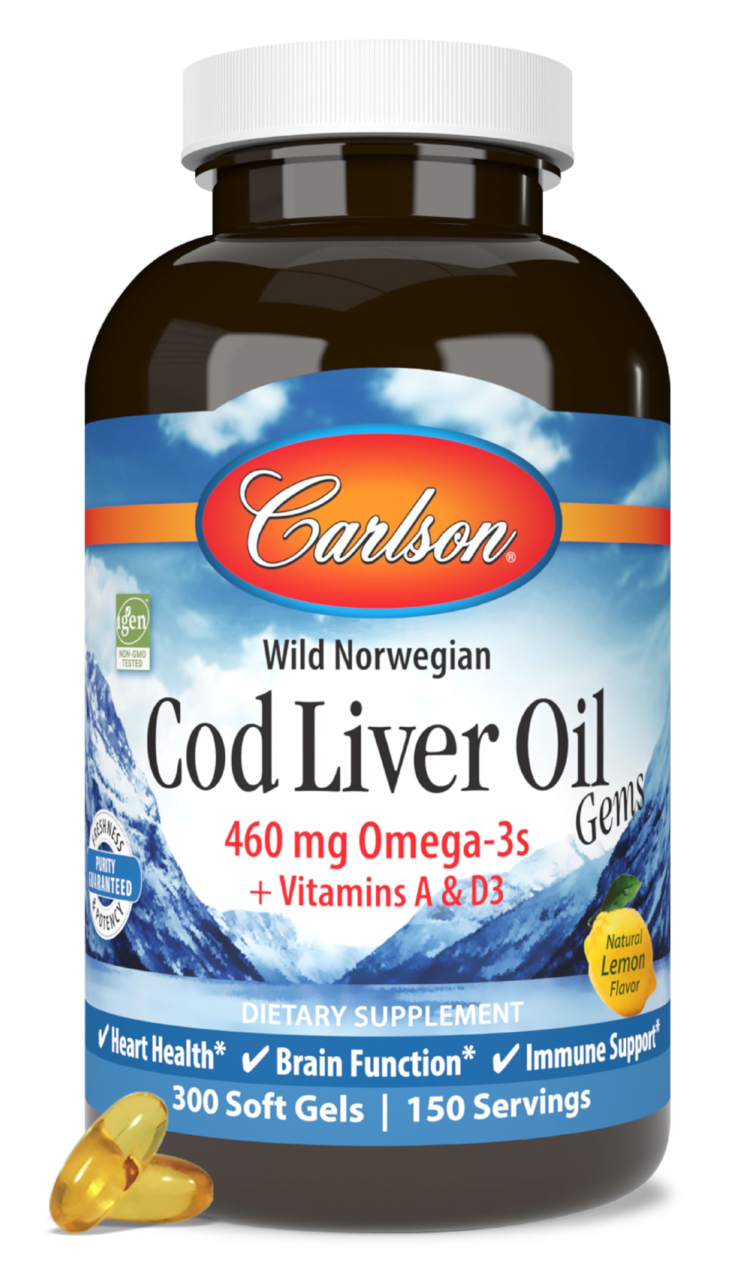 Carlson cod liver oil lemon bottle highlights daily omega-3 support.