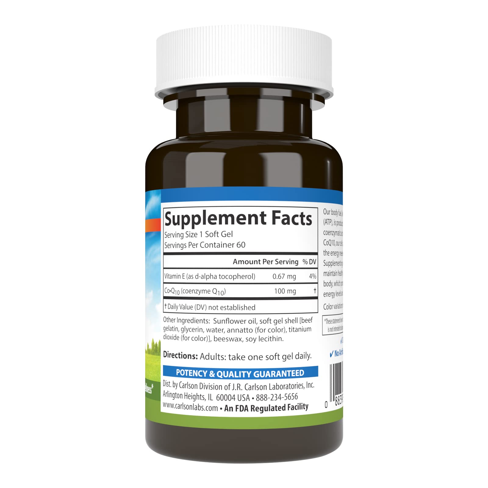 Carlson Co-Q10 softgel label highlights 100 mg all-trans CoQ10 for daily energy production.