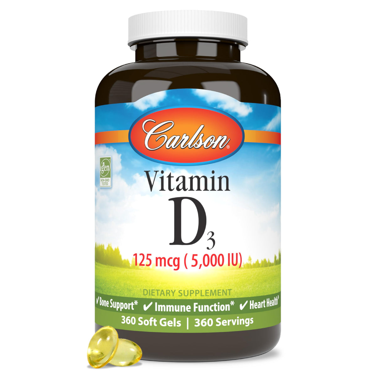 Carlson Vitamin D3 5000 IU soft gels bottle - front view