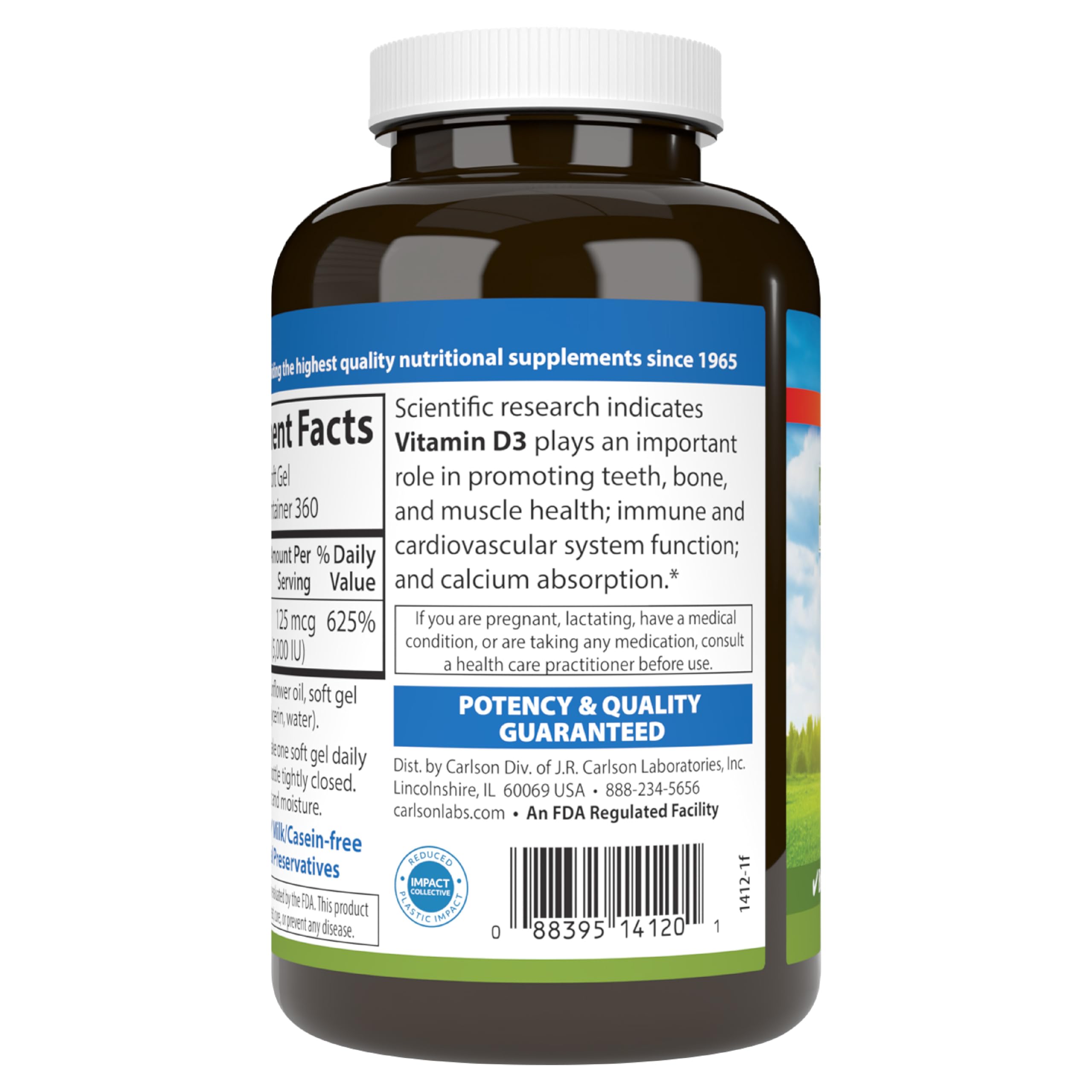 Carlson Vitamin D3 5000 IU soft gels next to packaging