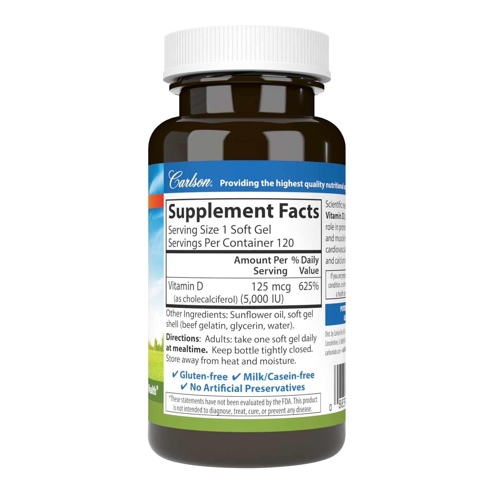 Close-up of Carlson Vitamin D3 5000 IU soft gels label