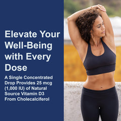 Close-up of dropper dispensing 1000 IU of vitamin D3