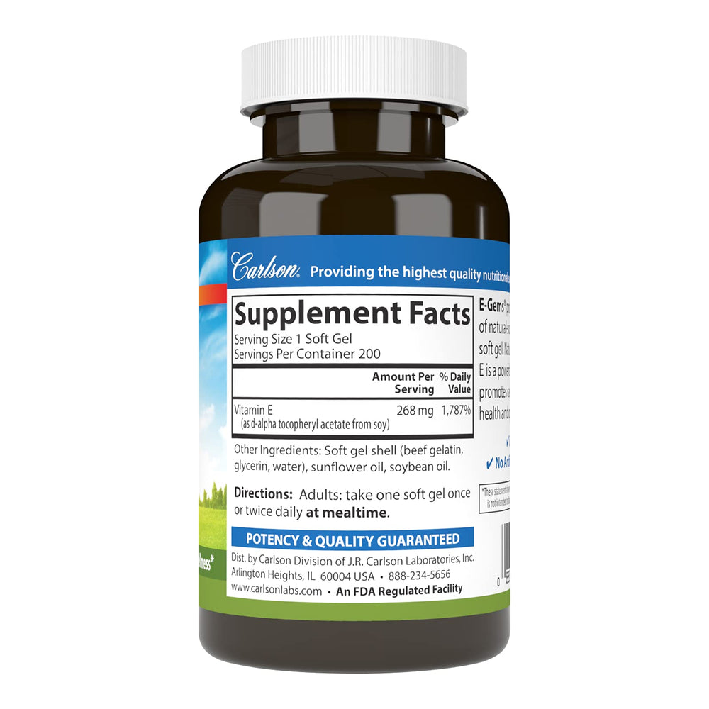 Close-up of Carlson E-Gems Vitamin E 400 IU label on bottle