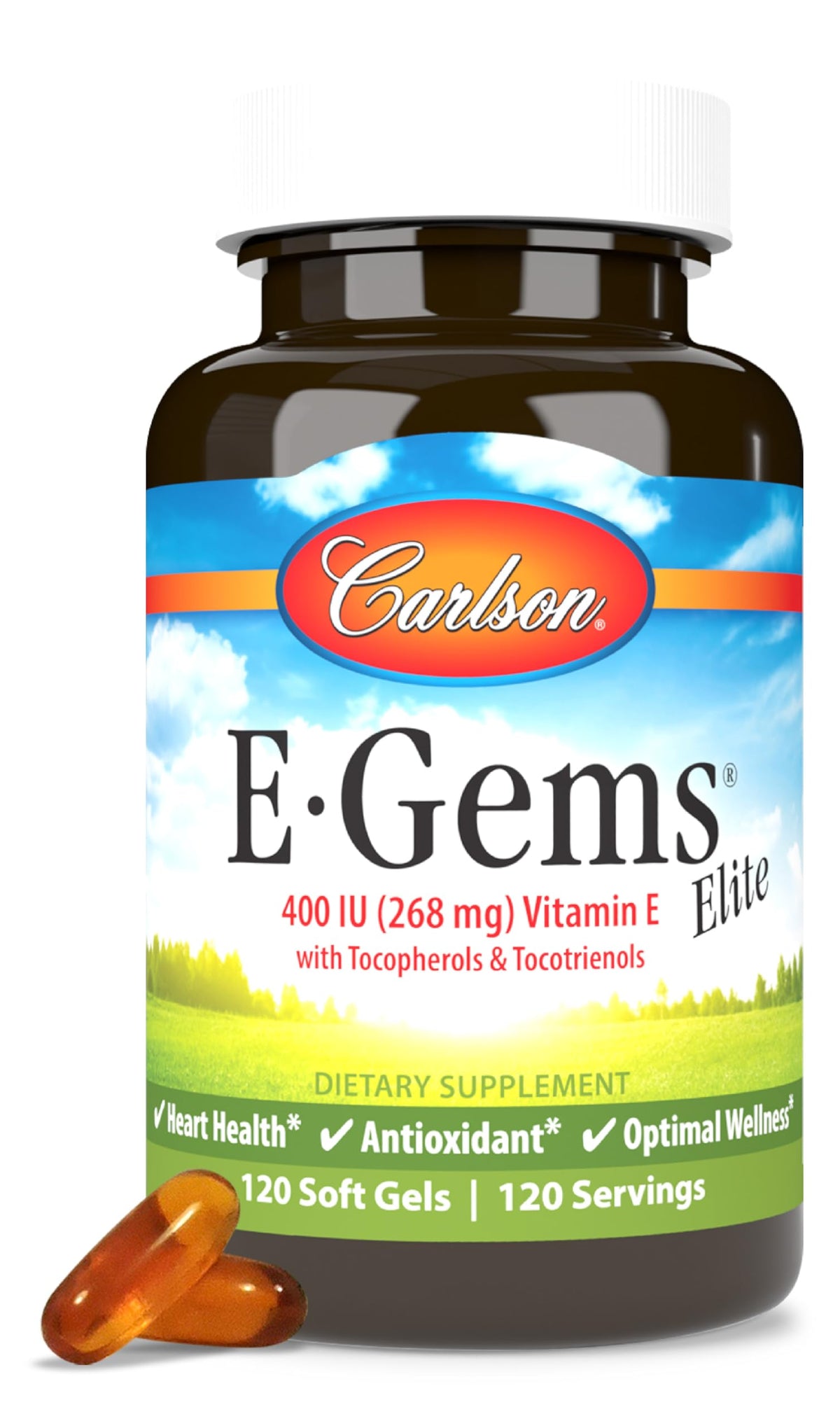 Carlson E-Gems Elite bottle front displaying label for daily vitamin E support.