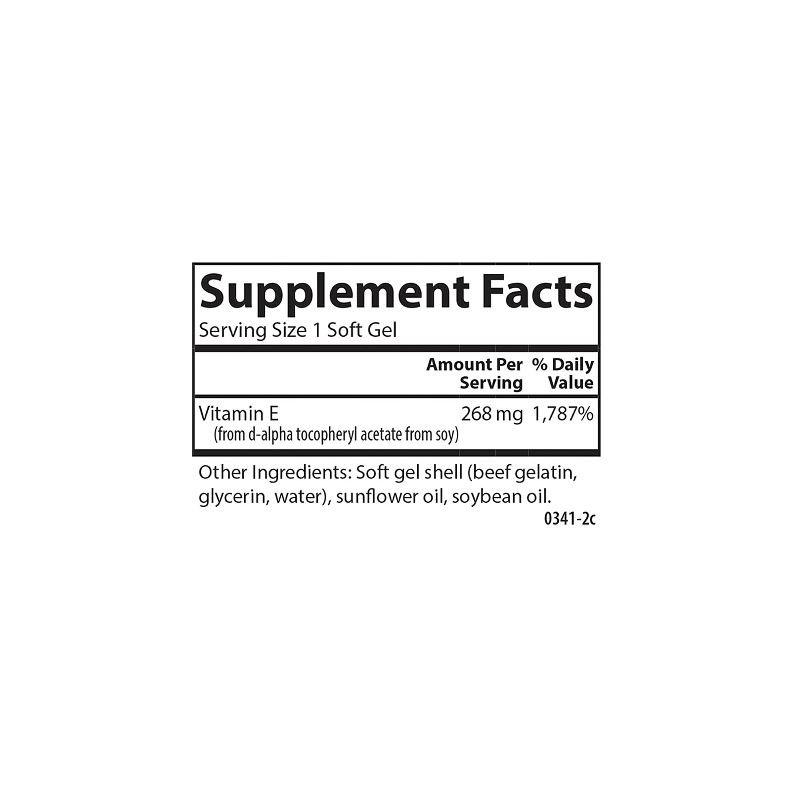 Nutritional facts panel for Carlson E-Gems Vitamin E