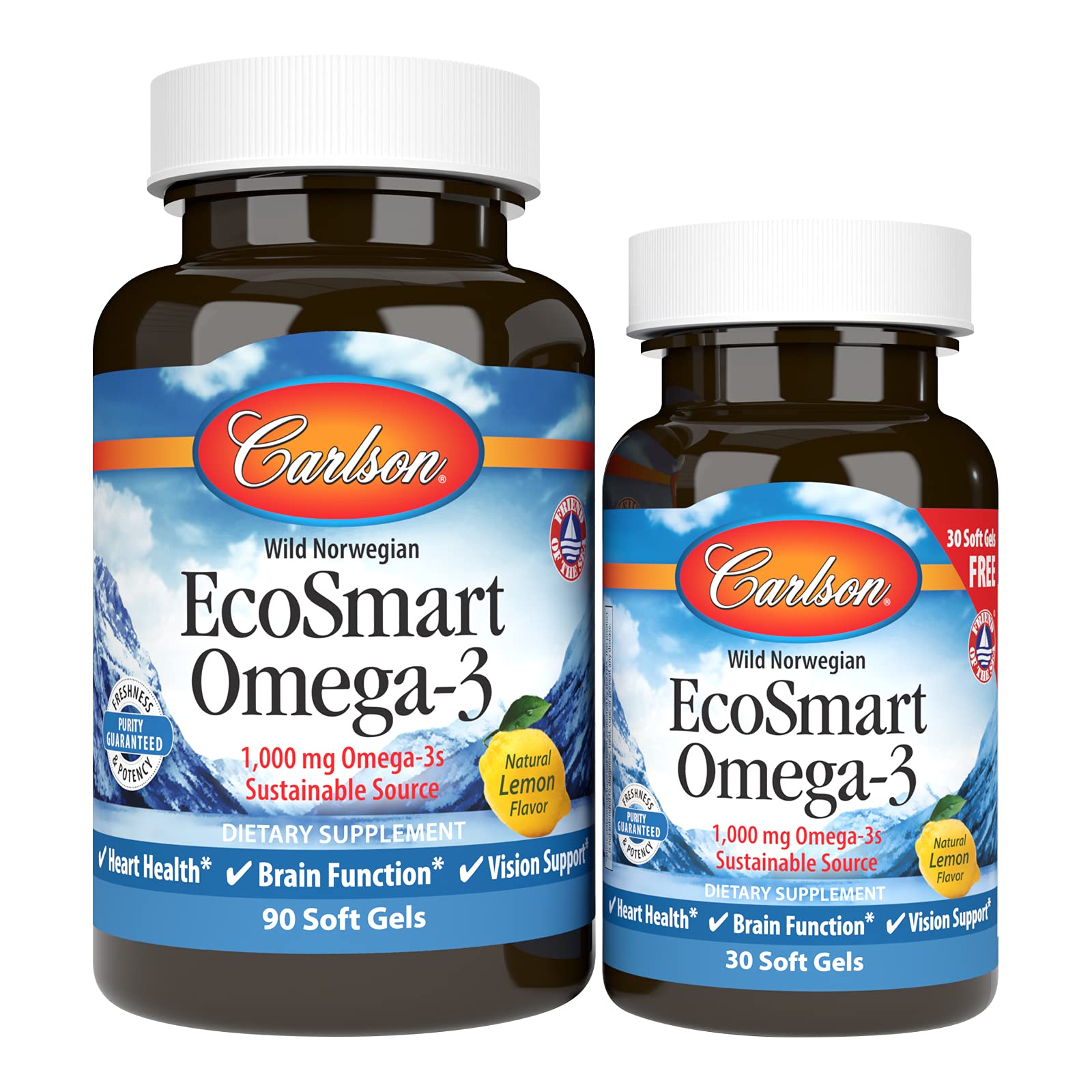 Carlson EcoSmart Omega-3 lemon softgels bottle front