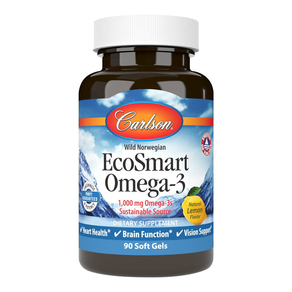 Carlson EcoSmart Omega-3 lemon label on 90 soft gels