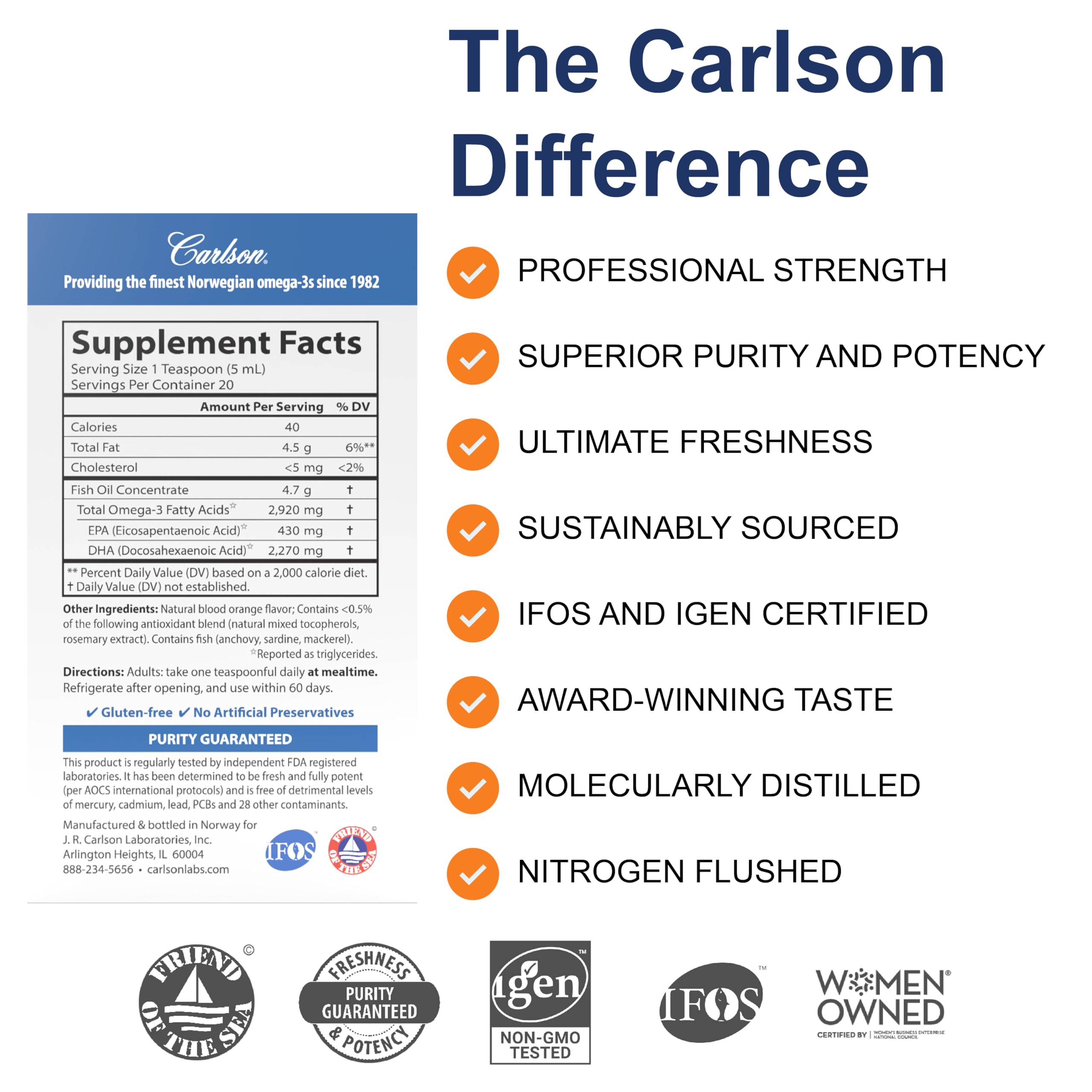 Close-up of Carlson Elite DHA 2270 mg orange flavor label with Norwegian origin
