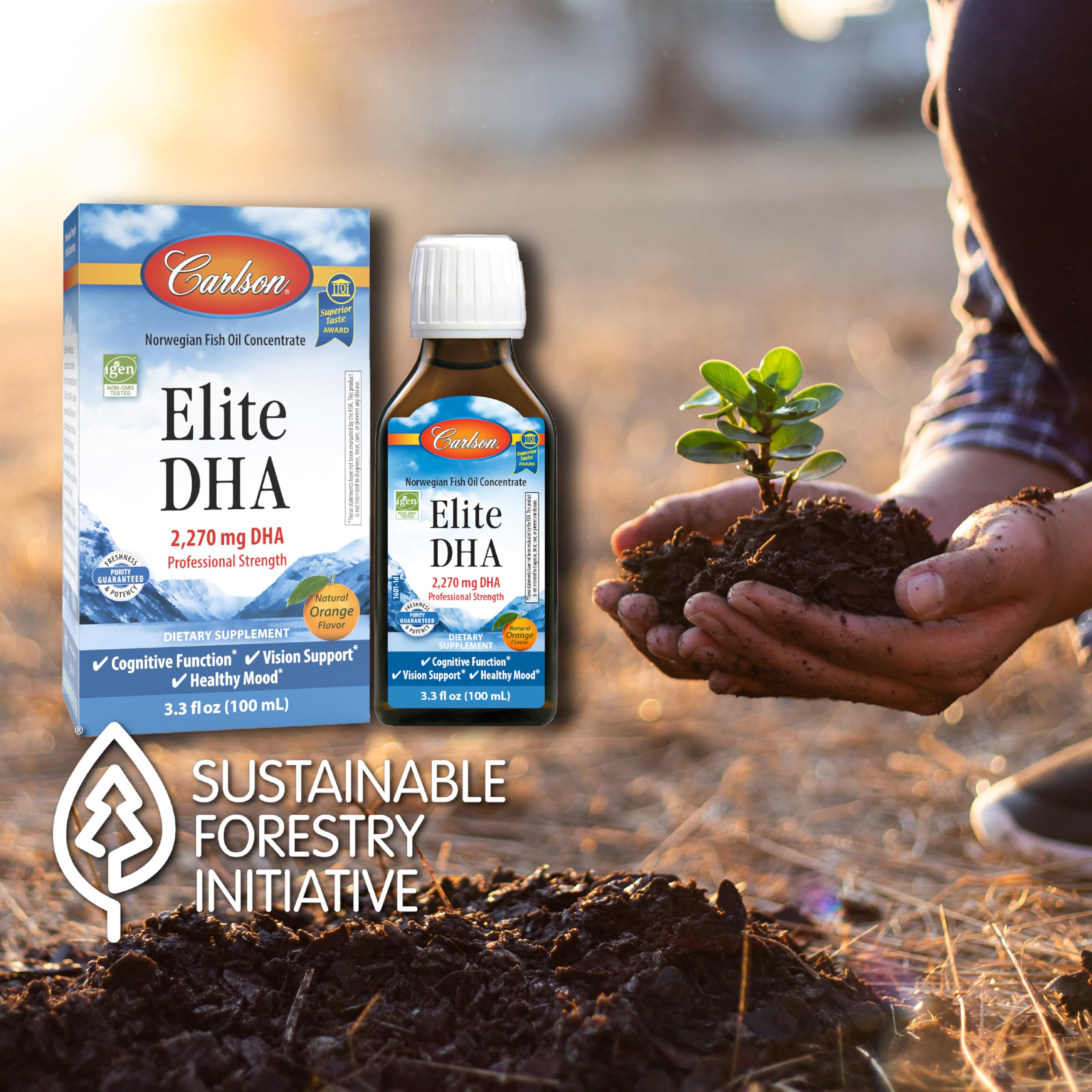 IFOS and IGEN non-GMO certification icons on Carlson DHA bottle