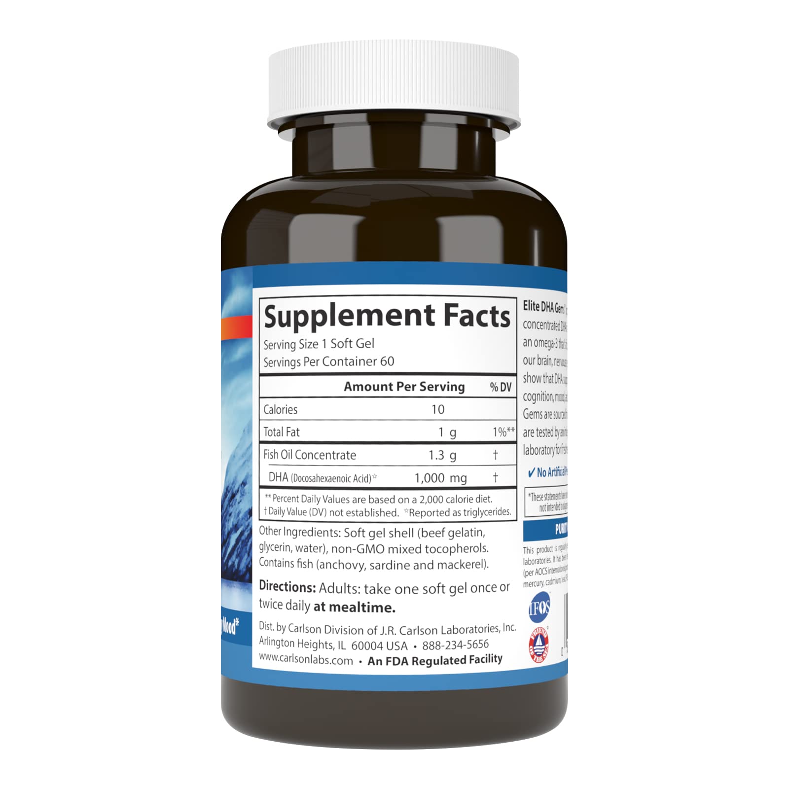 Close-up of Carlson Elite DHA Gems bottle and softgels