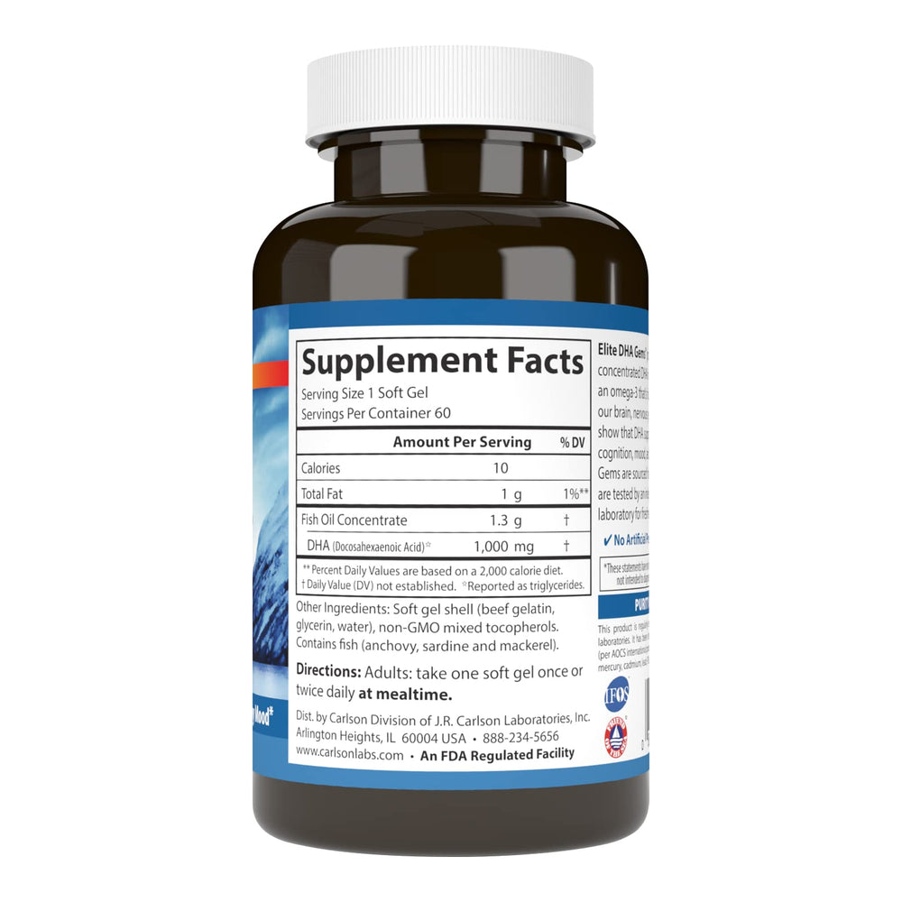 Close-up of Carlson Elite DHA Gems bottle and softgels