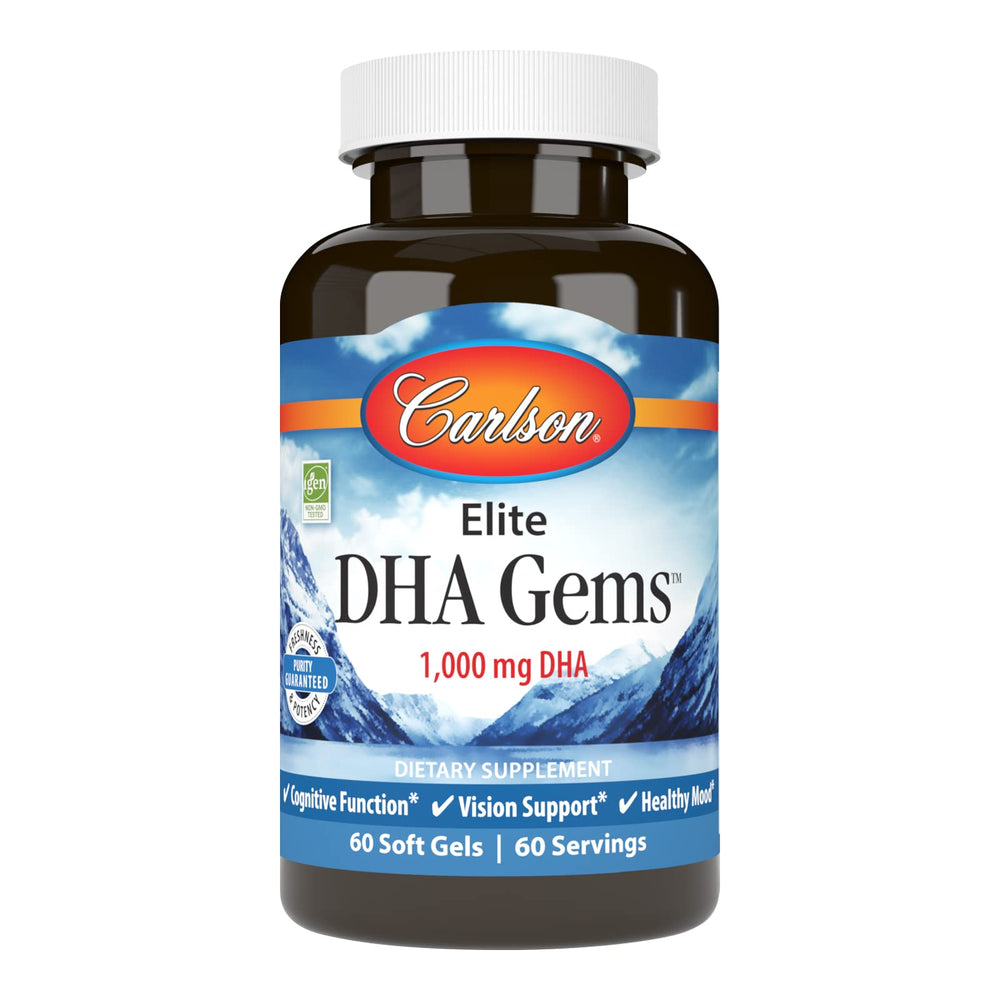 Front packaging view of Carlson Elite DHA Gems bottle with 60 softgels