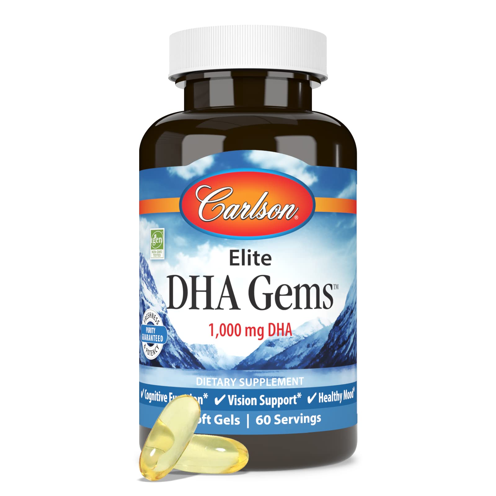 IGEN non-GMO certified badge on Carlson Elite DHA Gems packaging