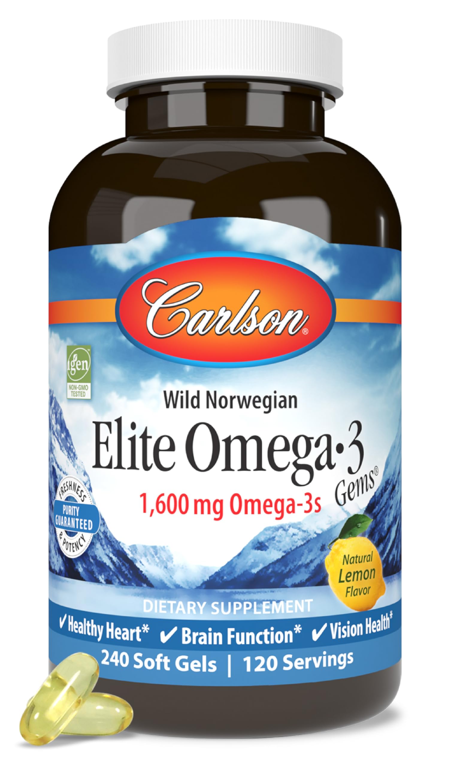 Carlson Elite Omega-3 Gems 1600 mg Lemon Softgels bottle