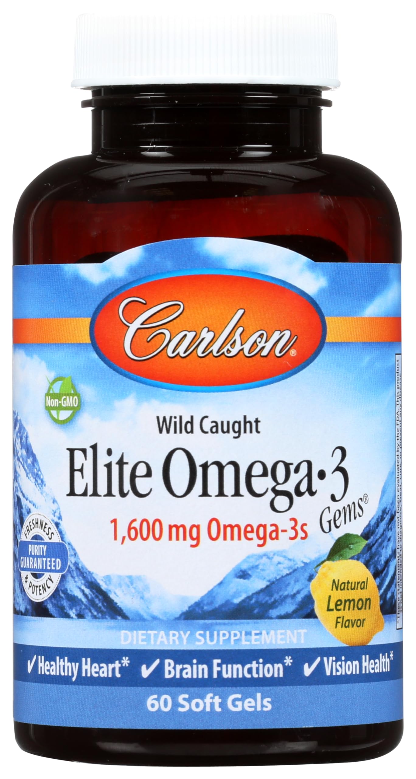Carlson Elite Omega-3 Gems bottle highlights quality omega-3 source.