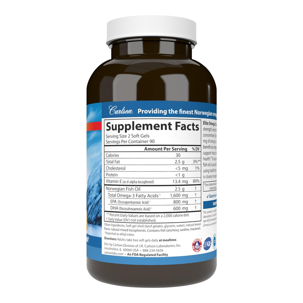 Carlson Elite Omega-3 Gems softgels closeup highlighting high-quality EPA and DHA