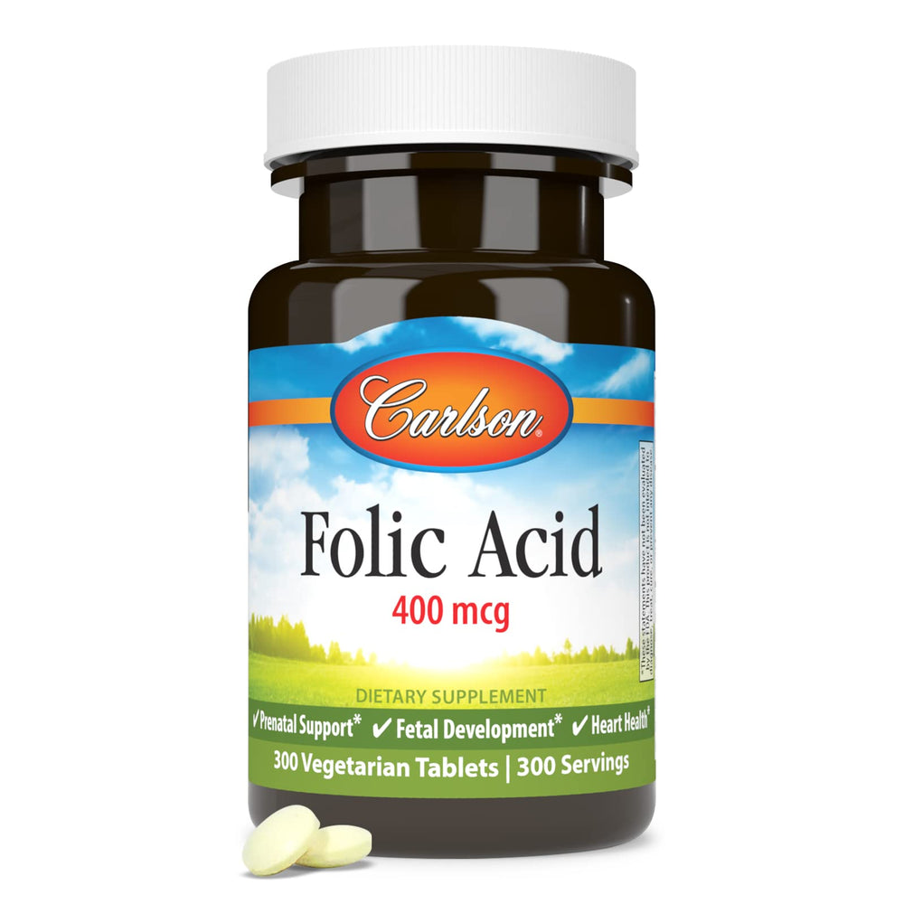 Back label with supplement facts for Carlson Folic Acid