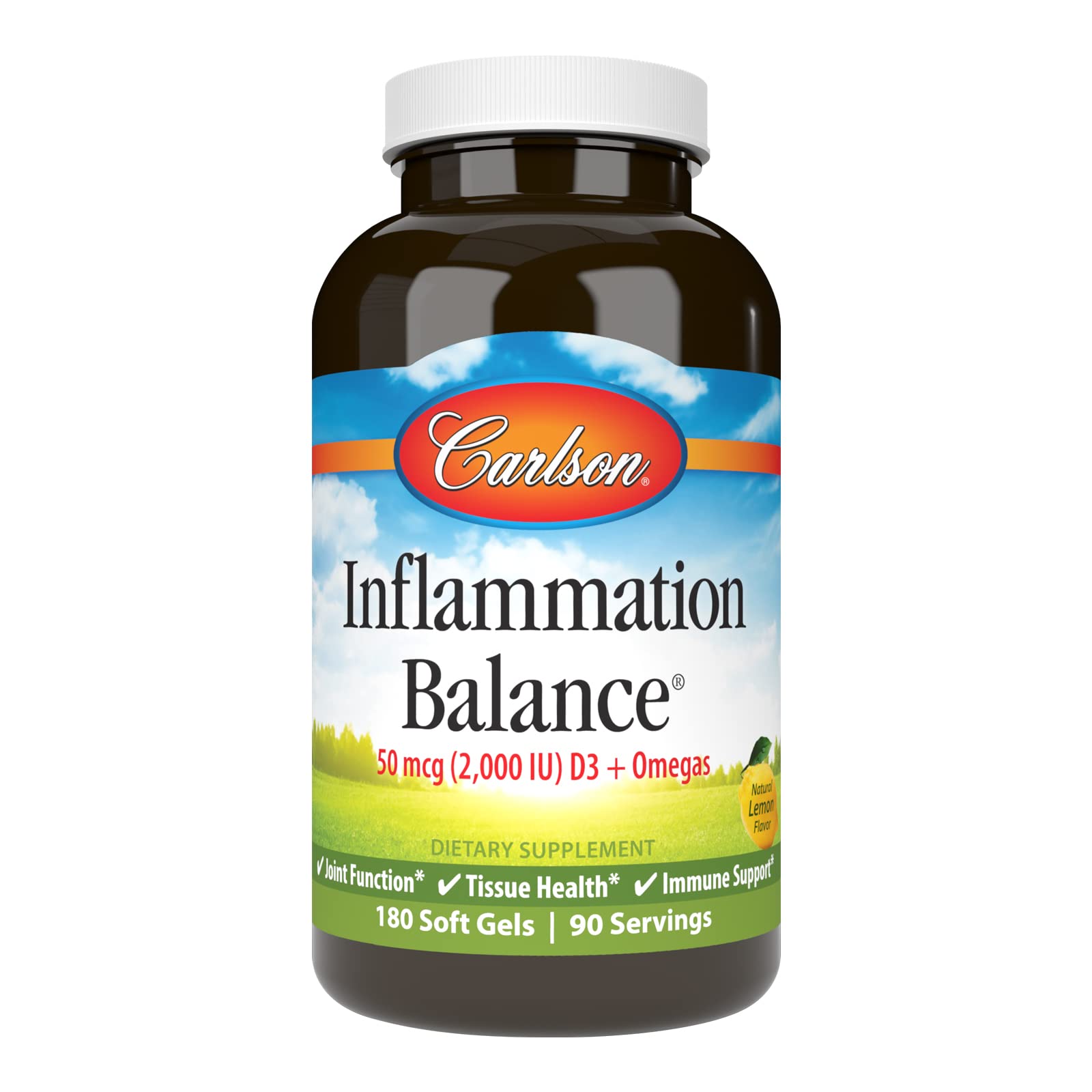 Carlson Inflammation Balance bottle showing balanced omega-3s and D3 for daily wellness