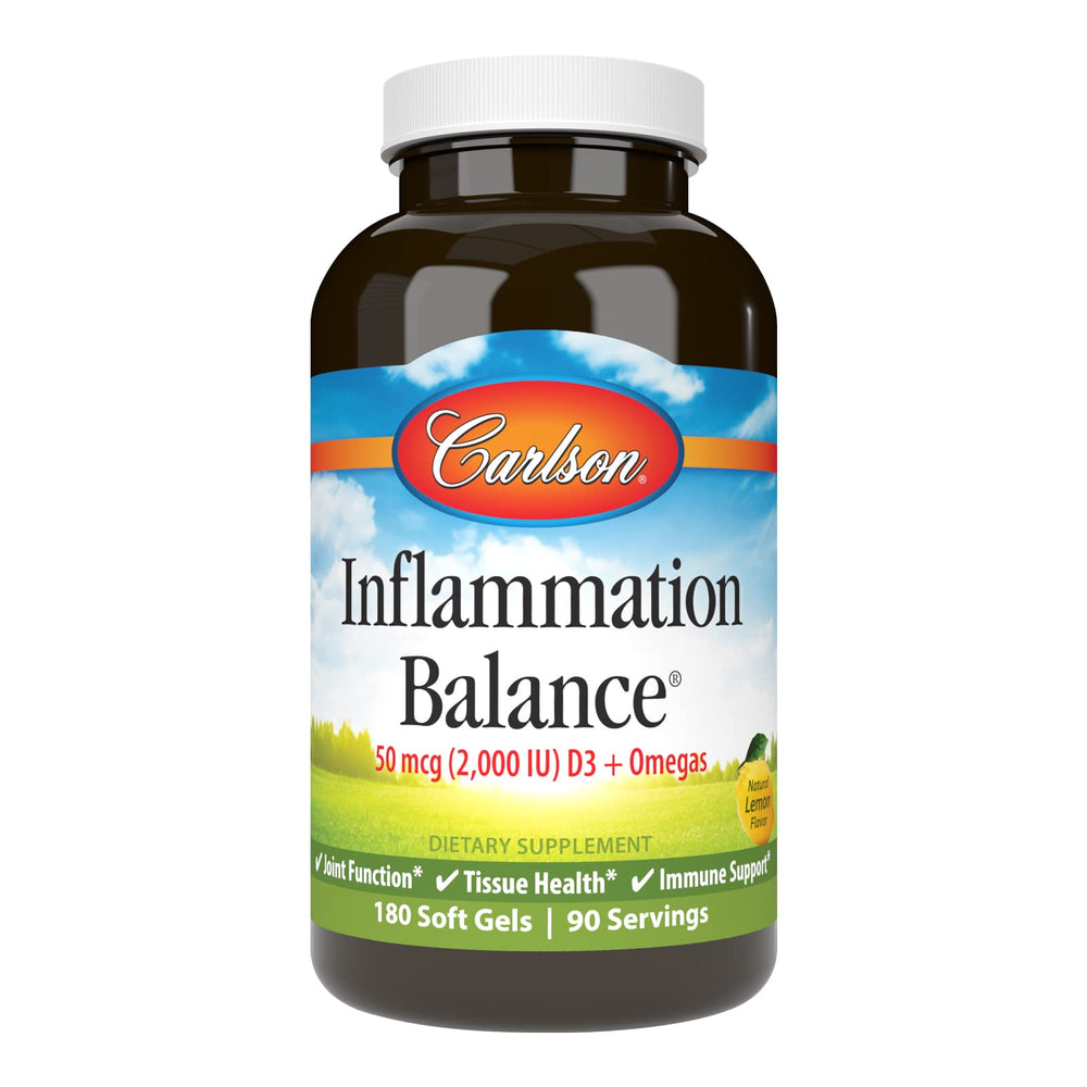 Carlson Inflammation Balance bottle showing balanced omega-3s and D3 for daily wellness