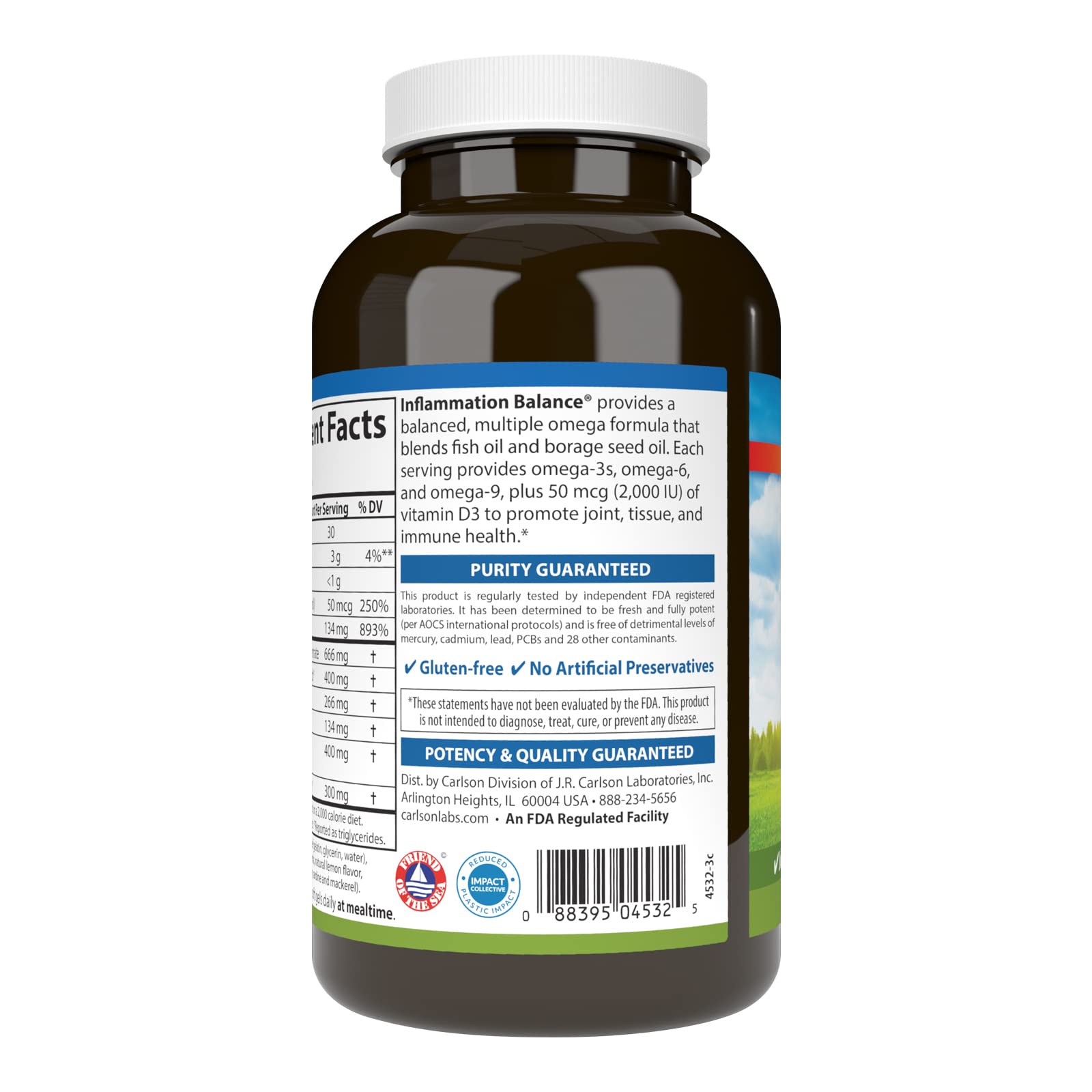 Carlson Inflammation Balance label close-up highlighting 400 mg omega-3 per serving