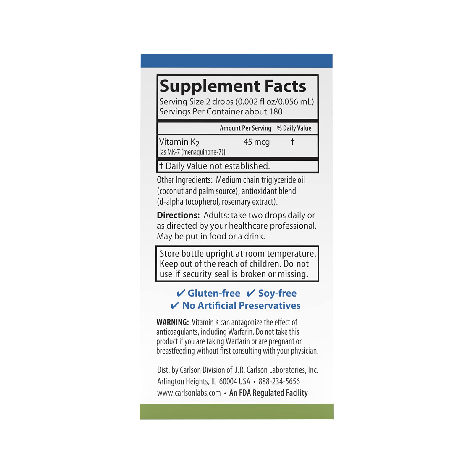 Close-up of Carlson K2 MK-7 bottle label