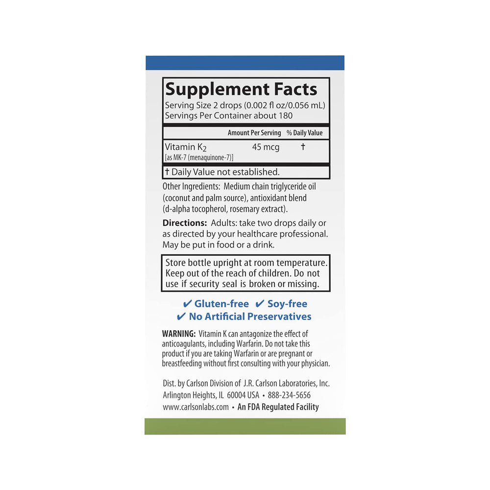 Close-up of Carlson K2 MK-7 bottle label