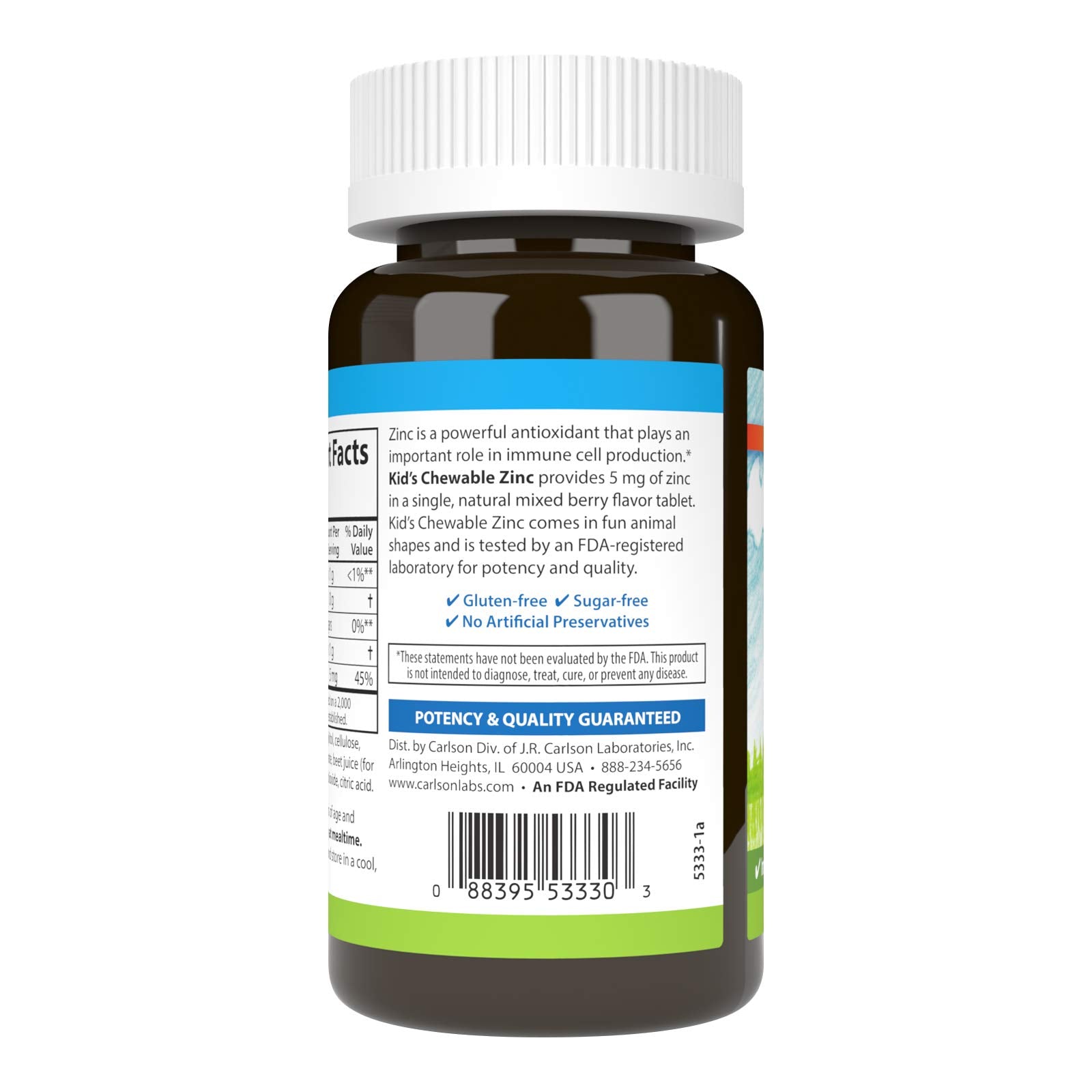 Close-up of an animal-shaped zinc chewable tablet in mixed berry flavor