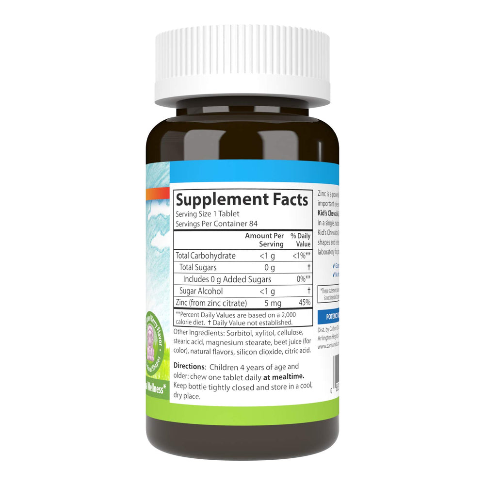 Front view of Carlson Kids Zinc chewable bottle with berry flavor label