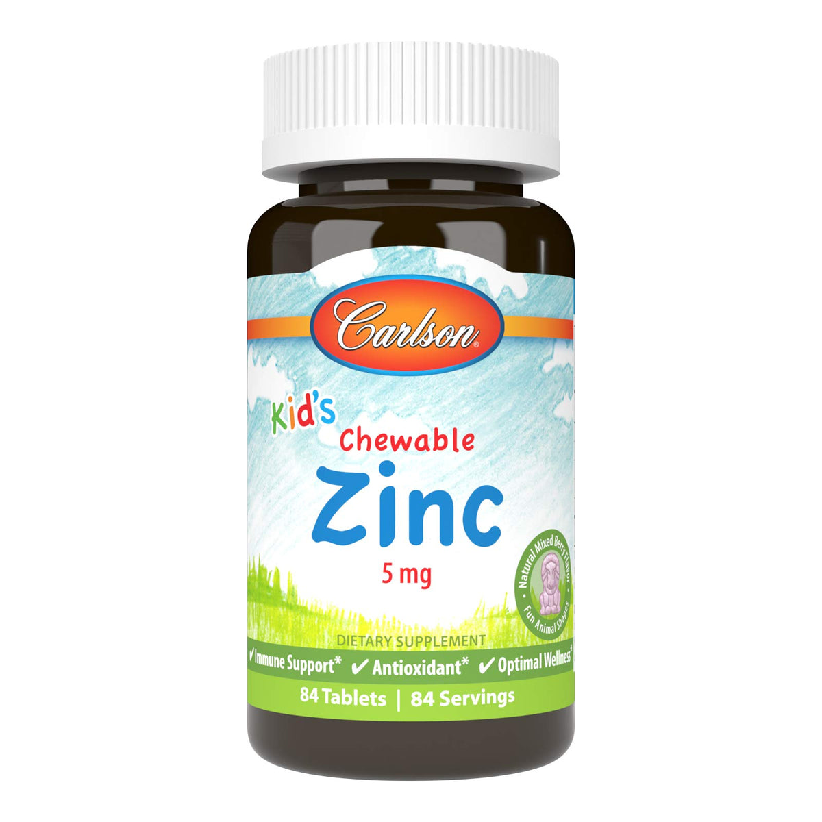 Hero image of Carlson Kids Chewable Zinc 5 mg tablets in mixed berry flavor