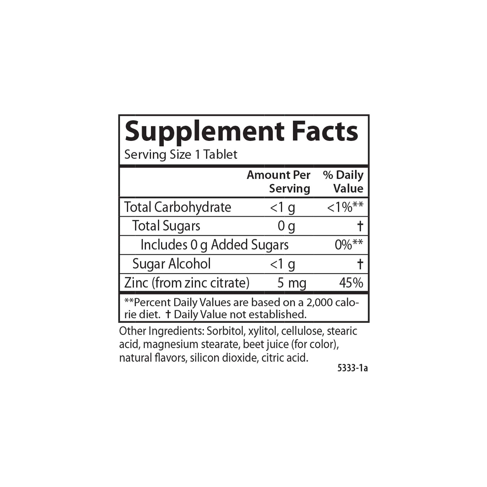 Nutrition facts label close-up for Carlson Kids zinc chewable