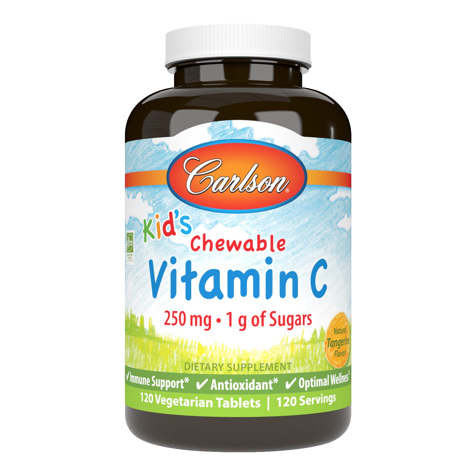 Front view of Carlson Kids Vitamin C Tangerine 250 mg bottle