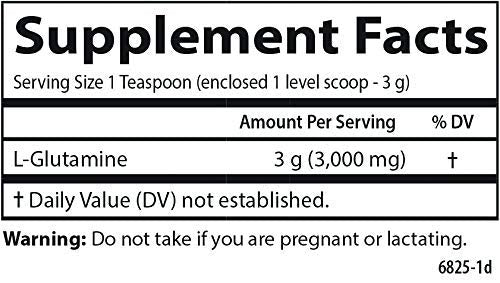 Close-up of Carlson L-Glutamine powder label and ingredients