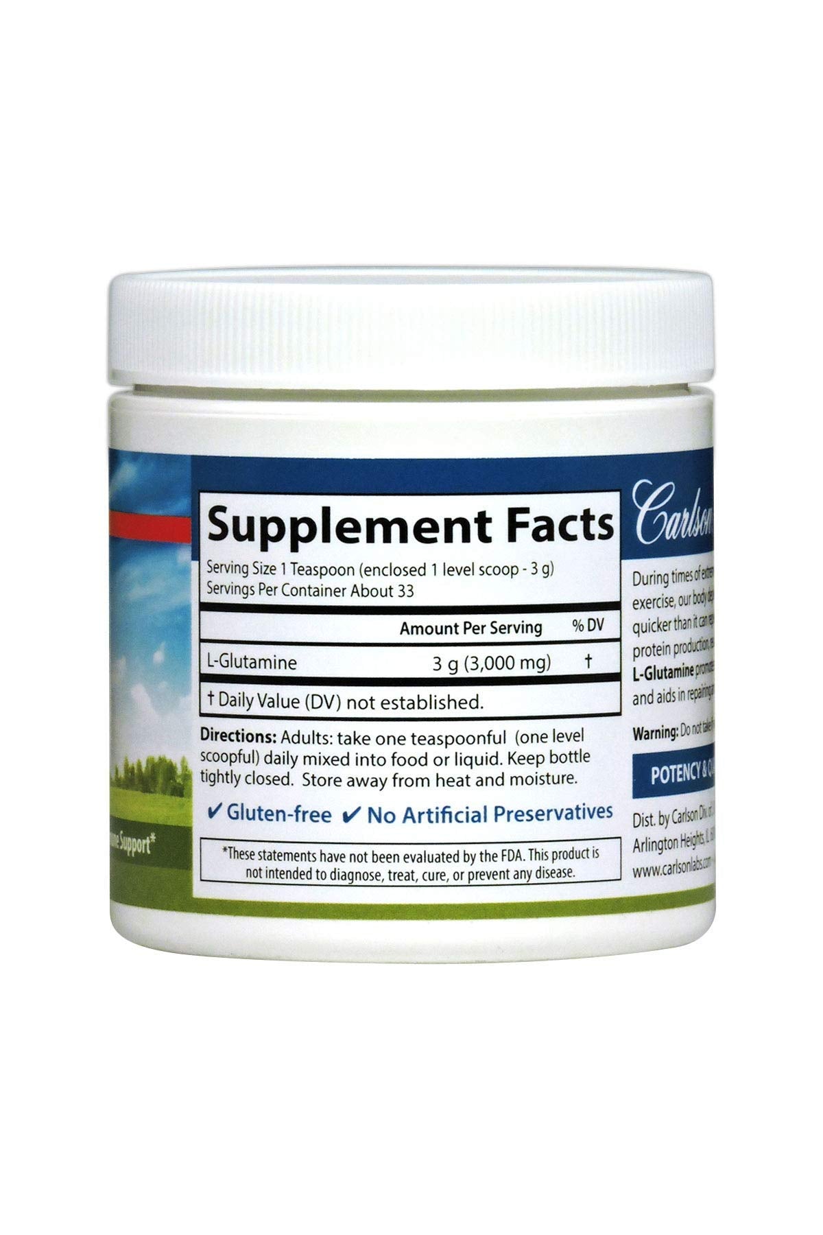 Pouring Carlson L-Glutamine powder into a scoop