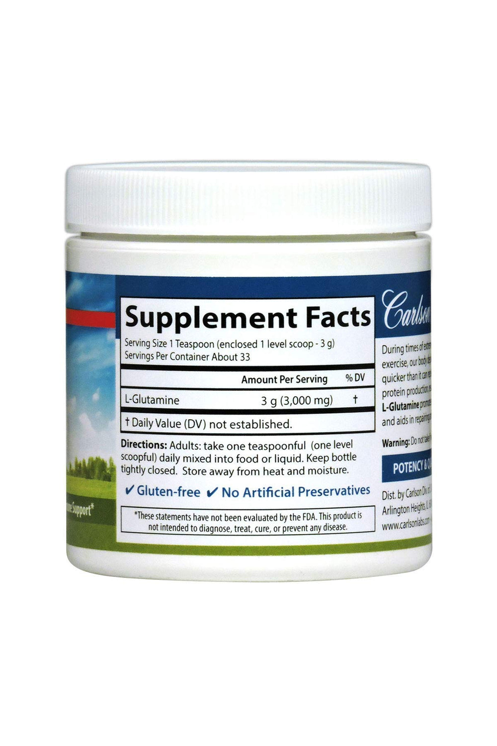 Pouring Carlson L-Glutamine powder into a scoop