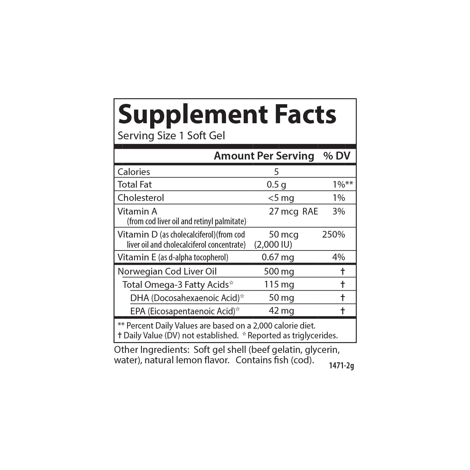 Supplement facts panel for Solar D Gems Vitamin D3 2000 IU