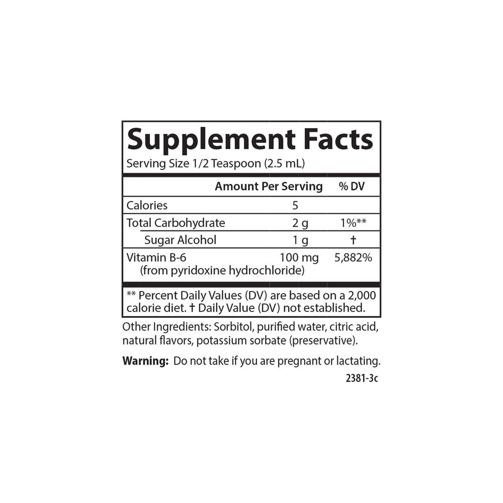 Carlson Labs Vitamin B-6 Liquid bottle near the supplement facts, emphasizing potency and quality.