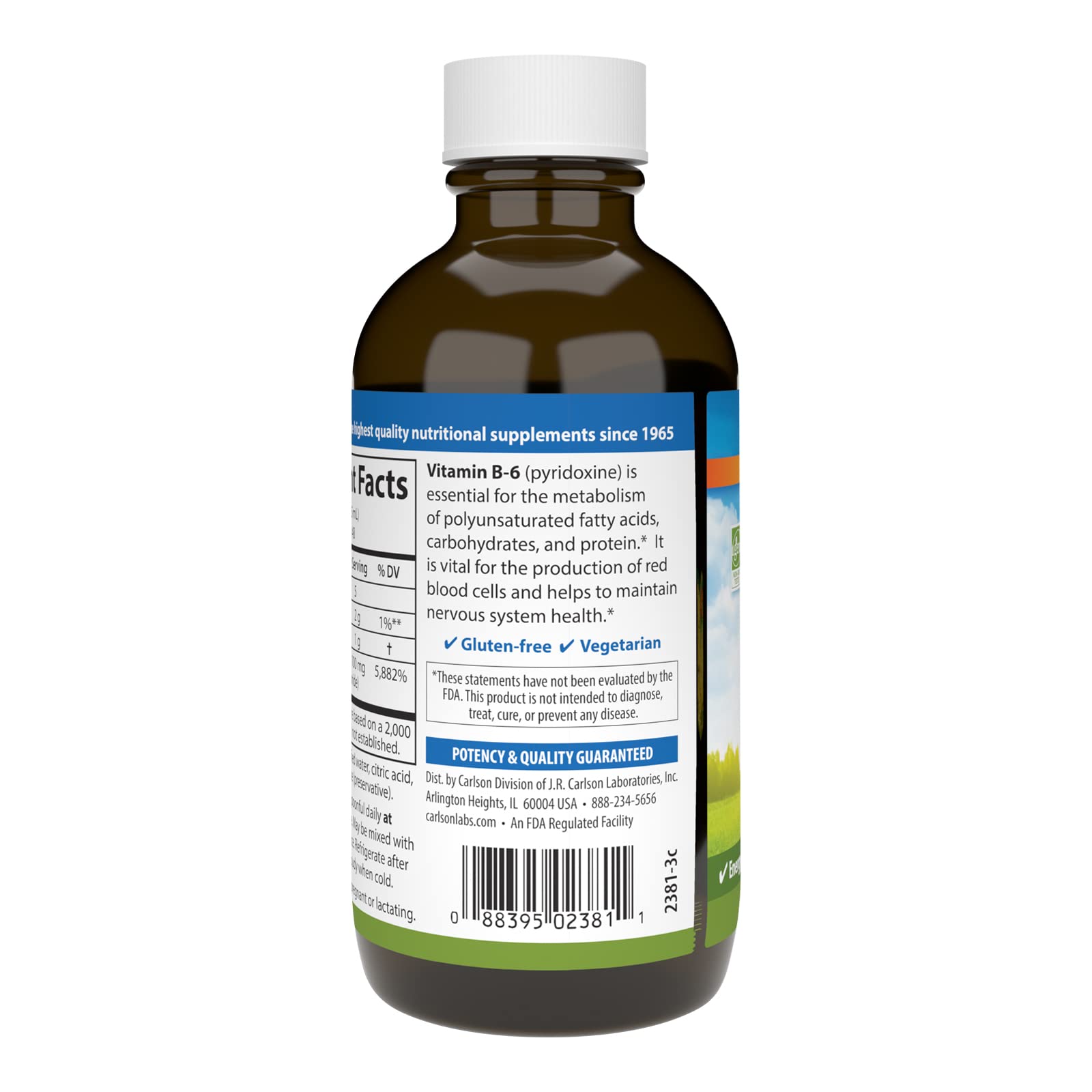 Carlson Labs Vitamin B-6 Liquid poured into a teaspoon, highlighting easy administration.