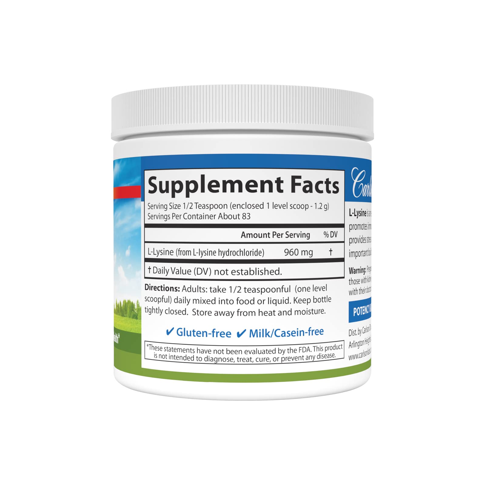 Close-up of L-Lysine powder measured by half-teaspoon showing 960 mg